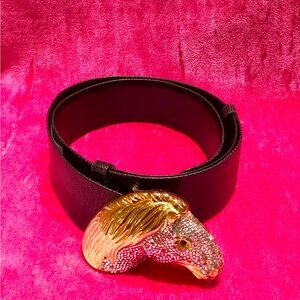 Vintage JUDITH LEIBER Crystal Horse Equine Black leather belt